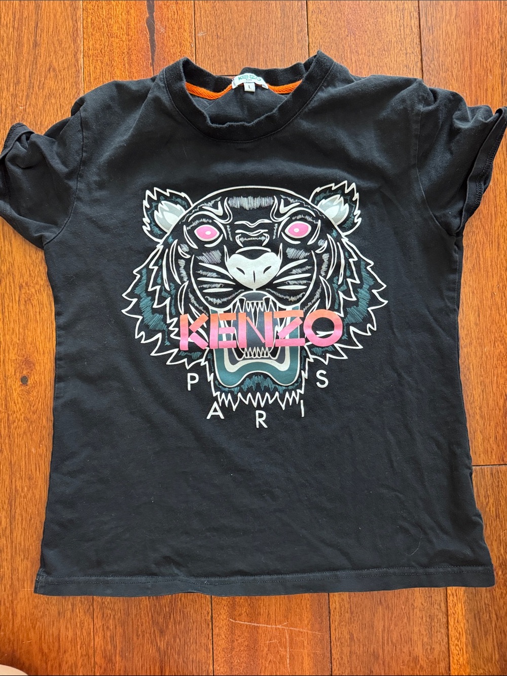 Kenzo Black Tee with Pink & Teal Tiger Graphic